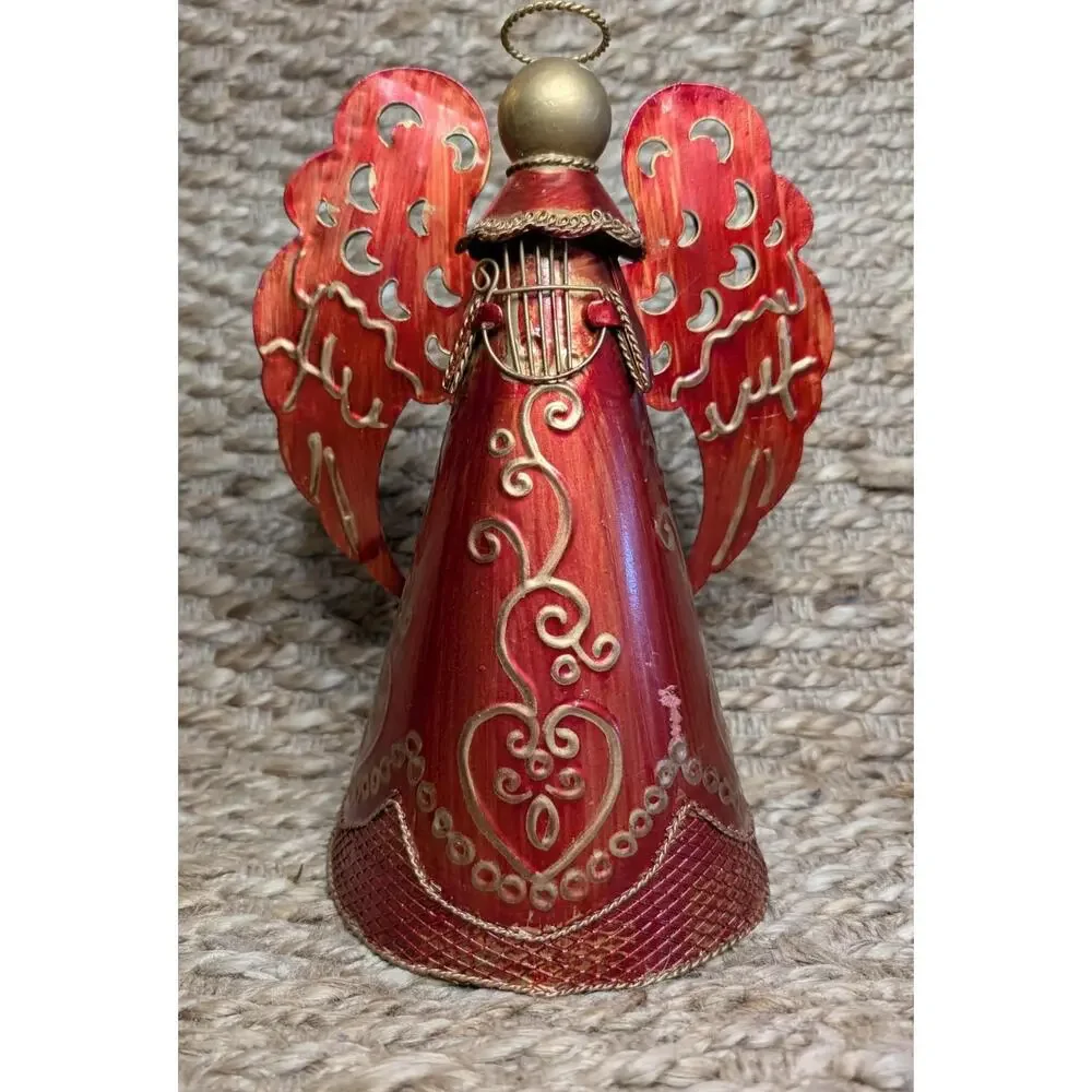 Christmas Red Metal Angel Playing Harp Instrument Gold Holiday Tabletop Decor